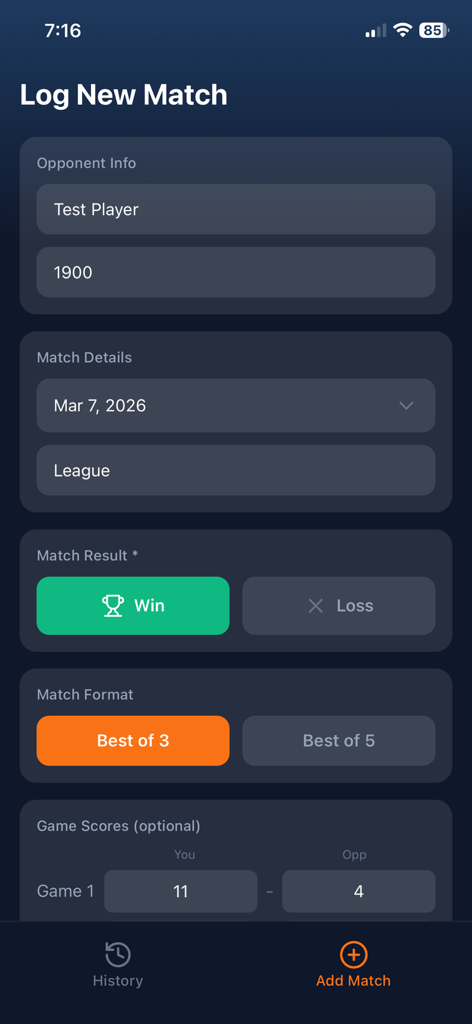 My Ping Notes - 対戦相手の情報、試合結果、個々のゲームスコアを含む新しい卓球の試合を記録するためのインターフェース