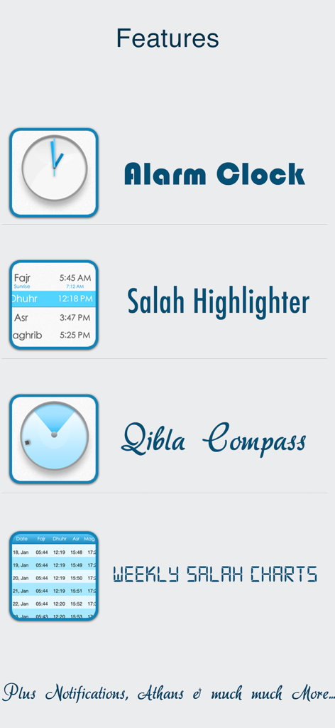 Lista de características de la aplicación Salat Times que incluye Reloj Despertador, Resaltador de Salah, Brújula de Qibla y Gráficos de Salah Semanales