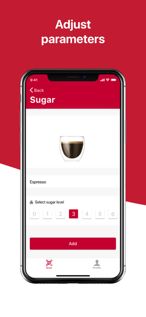 Mobile screen of 24U app allowing users to select sugar level for espresso