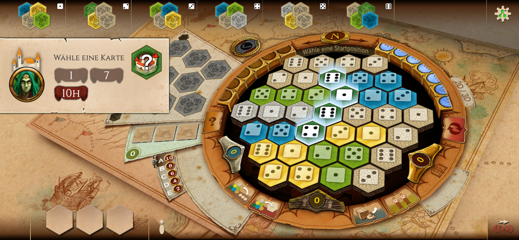 Digital interface of The Castles of Burgundy mobile app showing the hexagonal game board and tile selection phase.