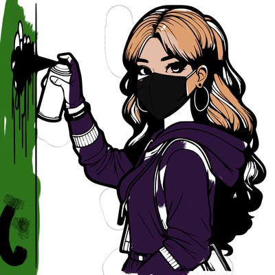 realistic girl with mask spray painting a wall