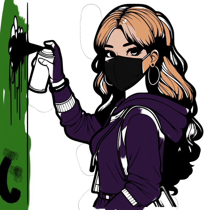 realistic girl with mask spray painting a wall