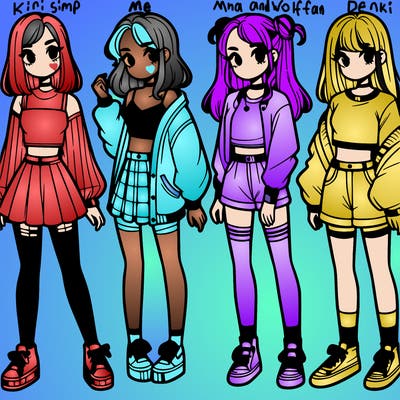 one girl with crop-top shirt and a jacket with a skirt, long socks and another girl with a shirt and pants with a jacket