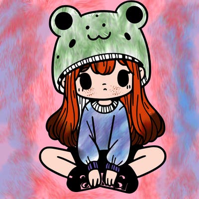 a girl wearing a frog hat and some frog socks