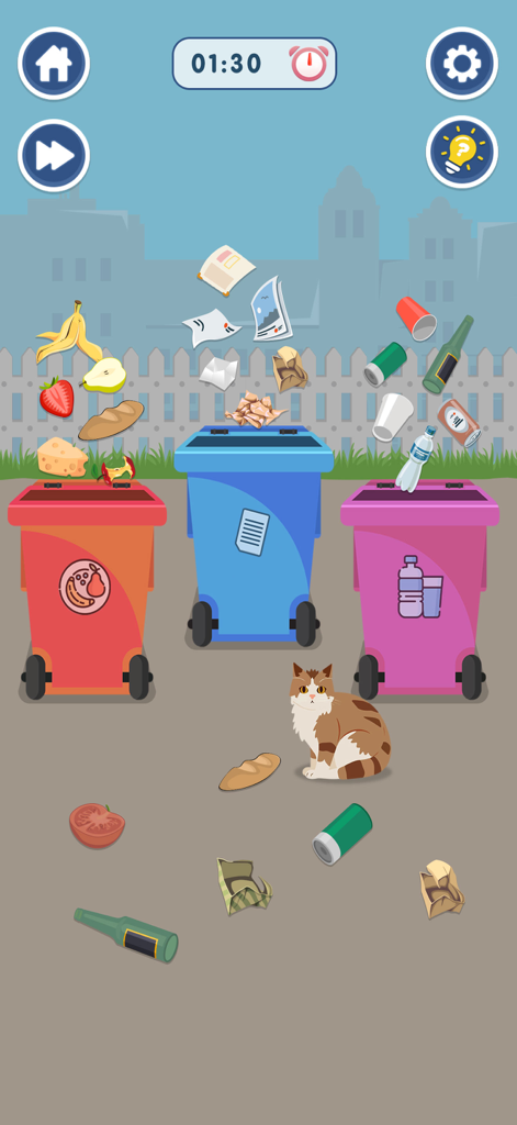 Mini Organizing Challenge Game - 앞쪽에 고양이가 있는 빨강, 파랑, 분홍색 재활용 쓰레기통에 쓰레기를 분류하는 게임 플레이 스크린샷.