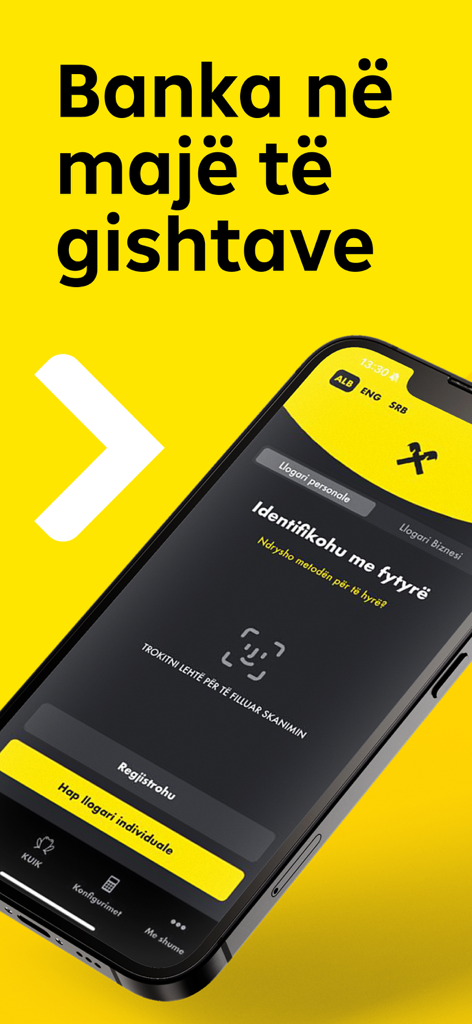 Raiffeisen Bank Kosovo Mobile - Login screen of the Raiffeisen Bank Kosovo mobile app showing face recognition and secure access features