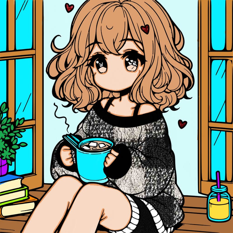 cute anime girl reading book and drinking hot chocolate from mug with loose wavy hair wearing a baggy sweatshirt and shorts sitting by windowsill looking out