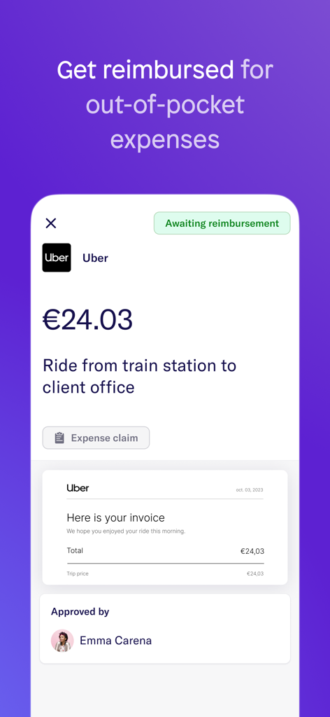 Bildschirm der Spendesk-Mobil-App mit einem Antrag auf Auslagenerstattung für eine Uber-Fahrt, die auf Rückzahlung wartet