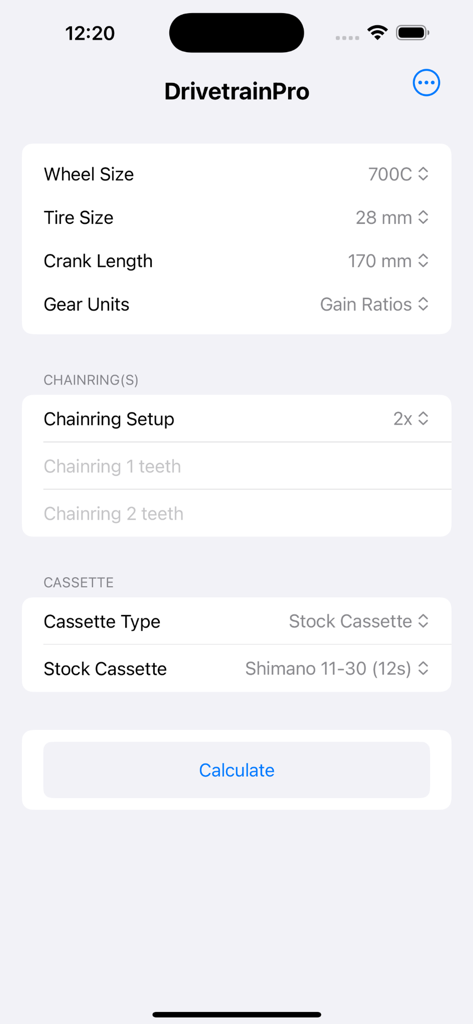 DrivetrainPro mobile app interface for configuring bike wheel size chainring and cassette settings