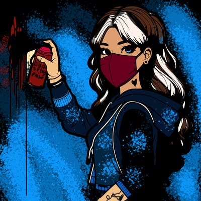 realistic girl with mask spray painting a wall