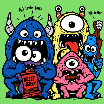 crazy looking monsters eating beef jerkey