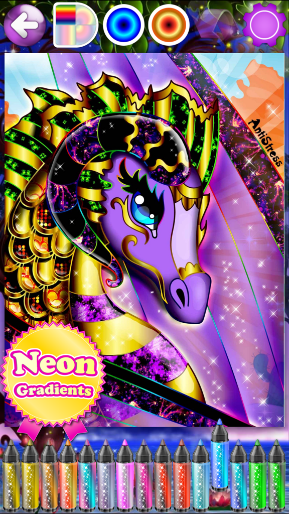 Adult Coloring Books with Fun Games for Adults - A digital coloring book interface featuring a mythical horse decorated with neon and golden gradients.