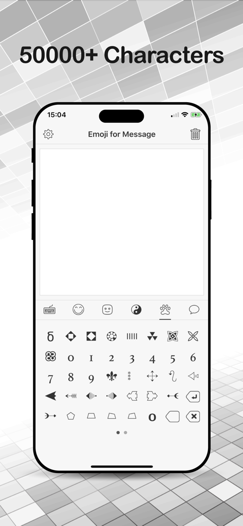 Interface do aplicativo Emoji para Mensagem mostrando um teclado personalizado com vários símbolos e caracteres especiais
