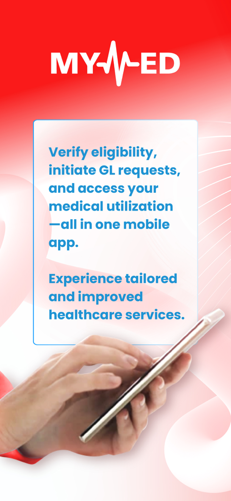 Écran d'accueil de l'application mobile MiCare MyMed mettant en avant des services médicaux comme la vérification d'éligibilité et les demandes de GL.