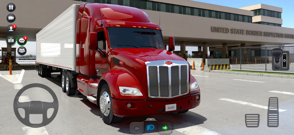Un camión semi-rojo en una estación de inspección fronteriza de Estados Unidos en el juego Truck Simulator Ultimate