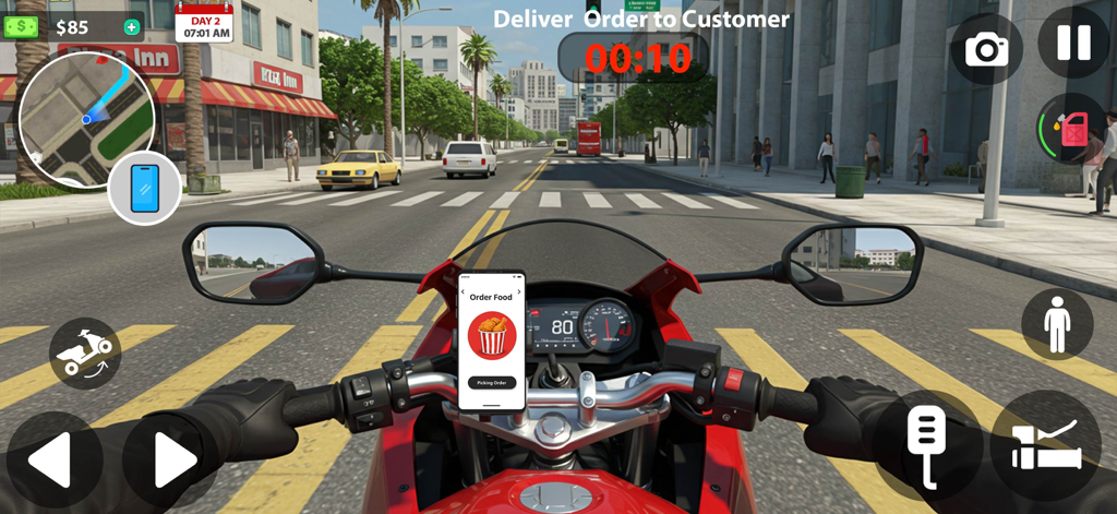 Courier Delivery Simulator - First person view of a motorcycle courier delivering food in a city simulator