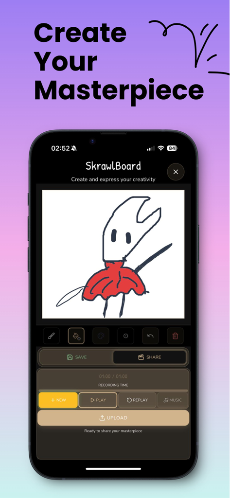 Skrawl – Draw, Guess & WIN! - Un personaje dibujando en la interfaz móvil de SkrawlBoard con herramientas de creación y uso compartido