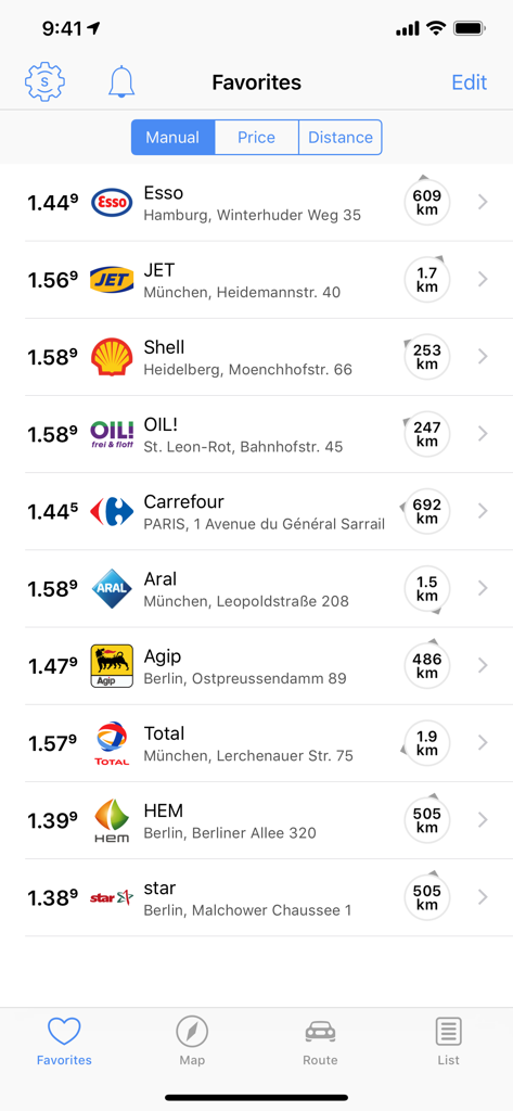 A list of favorite gas stations showing fuel prices and distance from the user in the 1-2-3 Fuel app interface