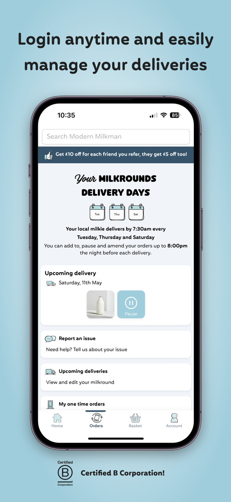 Interface of the Modern Milkman app showing delivery schedules and order management options