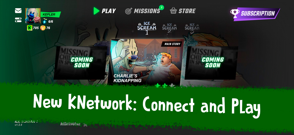 Ice Scream 1 main menu showing KNetwork integration and the Charlie's Kidnapping story chapter