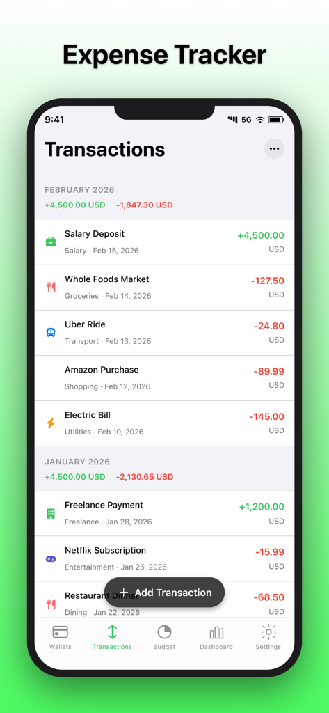 Money Manager: Budget Planner! - A screenshot of the Money Manager app showing a detailed list of daily income and expenses categorized by icon and date.
