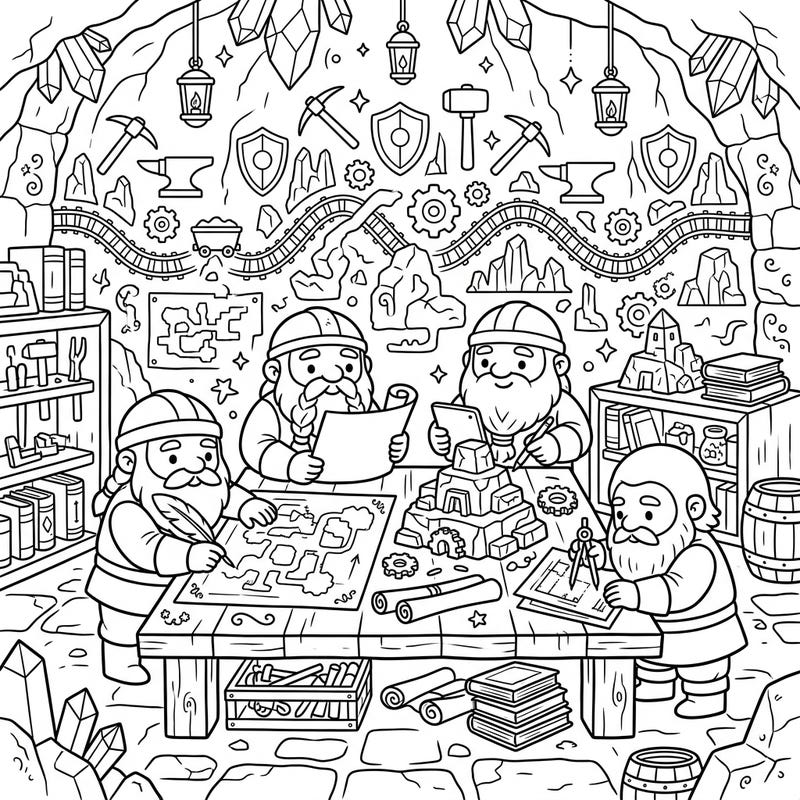 Discover a delightful scene where charming Kawaii dwarf architects are busy at work, designing magnificent underground cities. This intricate coloring page invites you to add a touch of whimsy and creativity to their industrious world.