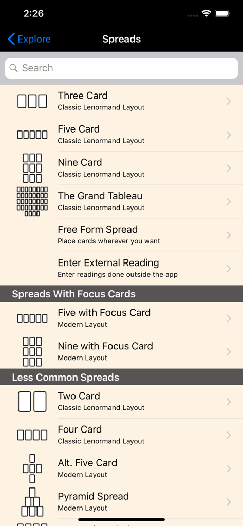 Lenormand! - Una lista de diseños de tiradas de cartas Lenormand clásicas y modernas, incluyendo el Gran Tableau y opciones de Tres Cartas