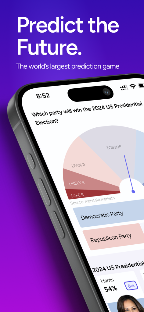 Manifold Markets - Smartphone screen showing Manifold Markets app with a US Presidential Election prediction market.