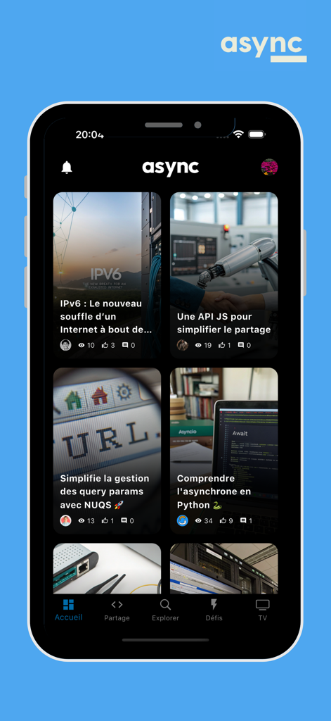 Async - Mobile interface of Async app displaying a grid of tech articles and developer news