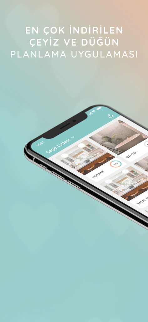 Çeyiz Listem - Smartphone displaying the Ceyiz Listem wedding planning app interface with home registry categories