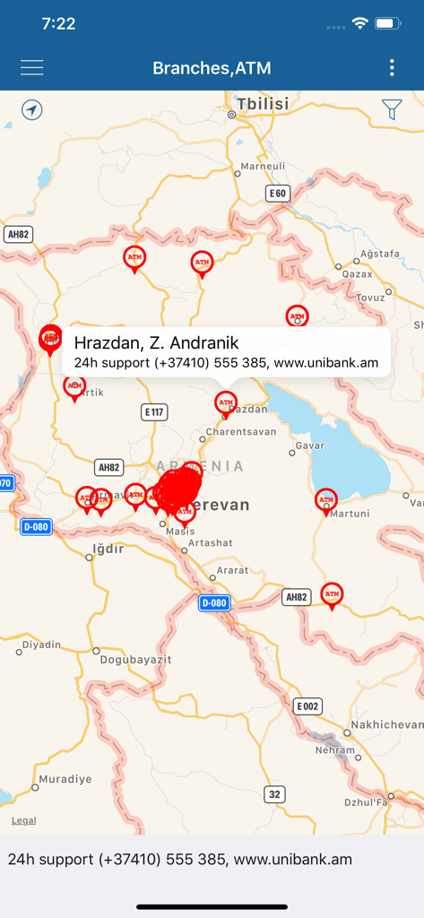 Unibank ATM and branch locator map in Armenia