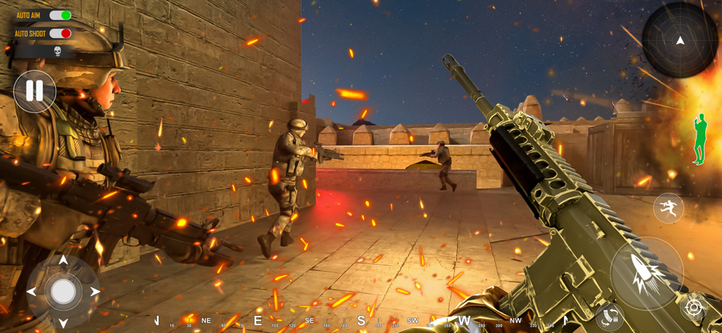 Fps Shooting Games - Gun Fire - A first person shooter game screen showing a commando aiming an assault rifle in a battle zone