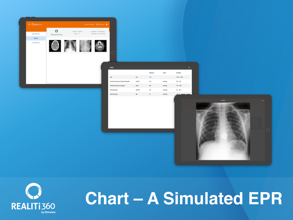Three iPads displaying the REALITi simulated electronic patient record including chest x-rays and lab results