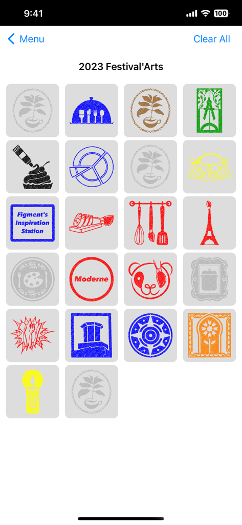 Una cuadrícula de sellos digitales para rastrear los puestos de comida visitados durante el Festival of the Arts de Epcot.