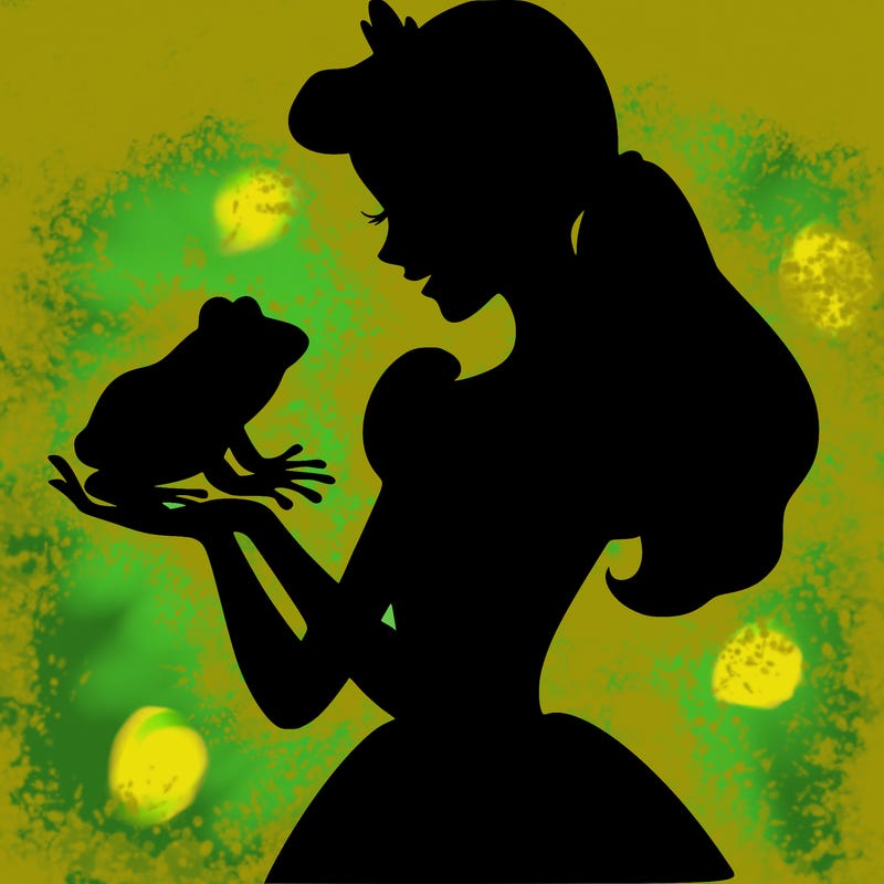 a shadow of a princess holding a frog realistic
