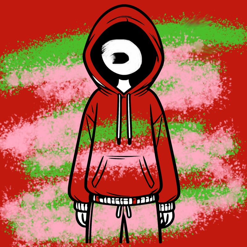 faceless girl in a tracksuit with a hood on and no hair