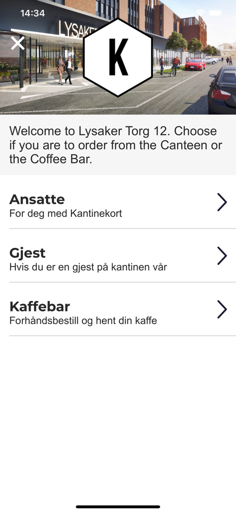 Welcome screen of the Toma app showing order options for employees, guests, and the coffee bar