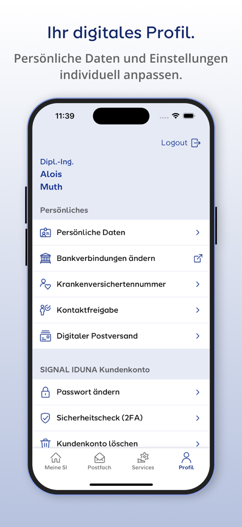 Meine SI Mobile - Digital profile and account settings screen in the Meine SI Mobile insurance app.