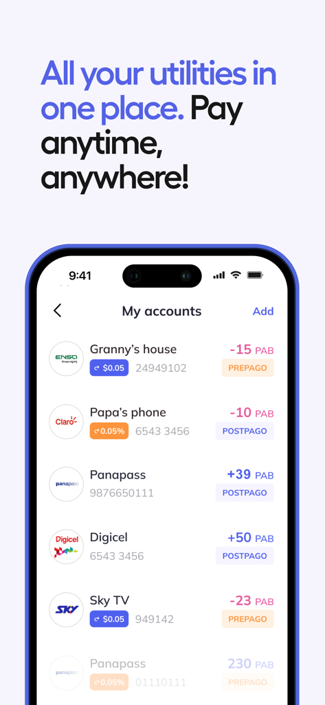 A mobile screen from Punto Pago showing various utility accounts for payment in Panama