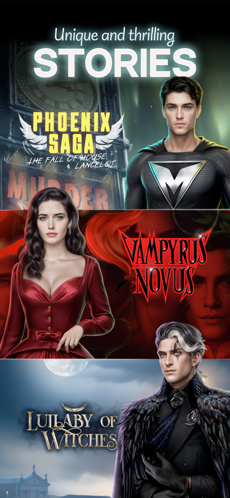 League of Dreamers - My Story - Vertical banner showcasing characters from Phoenix Saga Vampyrus Novus and Lullaby of Witches interactive visual novels