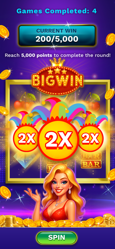 Real Casino Slots - Big Win - Mobile slot machine game screen showing a big win notification with multipliers and a glamorous hostess