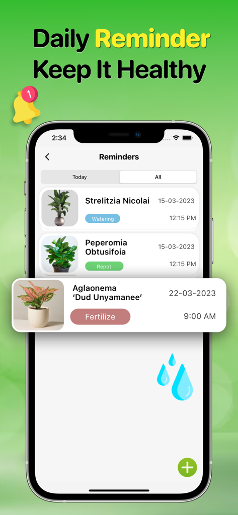Plant Identifier And Care Tips - Mobile app screen showing daily plant care reminders for watering, repotting, and fertilizing specific houseplants.