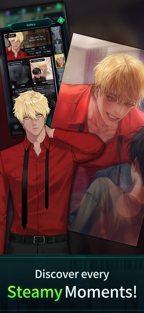 Un personaje de anime rubio con una camisa roja del juego de historias BL Killing Kiss junto a una galería de escenas especiales