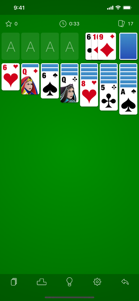 Solitaire The Game - Classic Klondike Solitaire gameplay screen with a green background and intuitive UI.