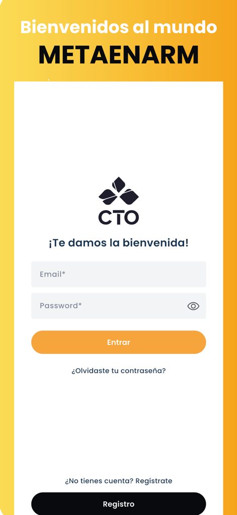 MetaEnarm mobile app login and registration screen featuring the CTO logo and entry fields for email and password