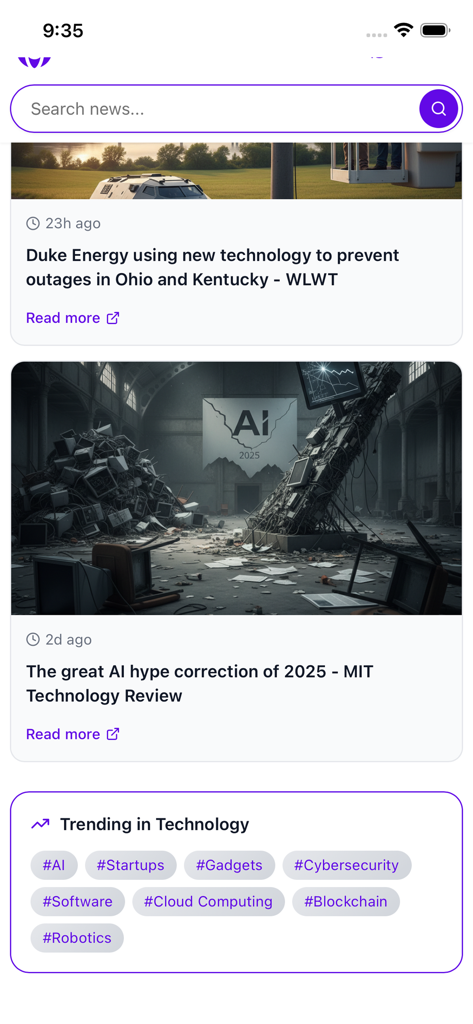 Ai News Pro - Ai News Pro app mobile interface showing technology articles and a trending hashtags section