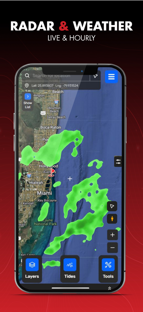 Salt Strong Smart Spots - Salt Strong Smart Spots app showing live weather radar and coastal map for saltwater fishing in Florida