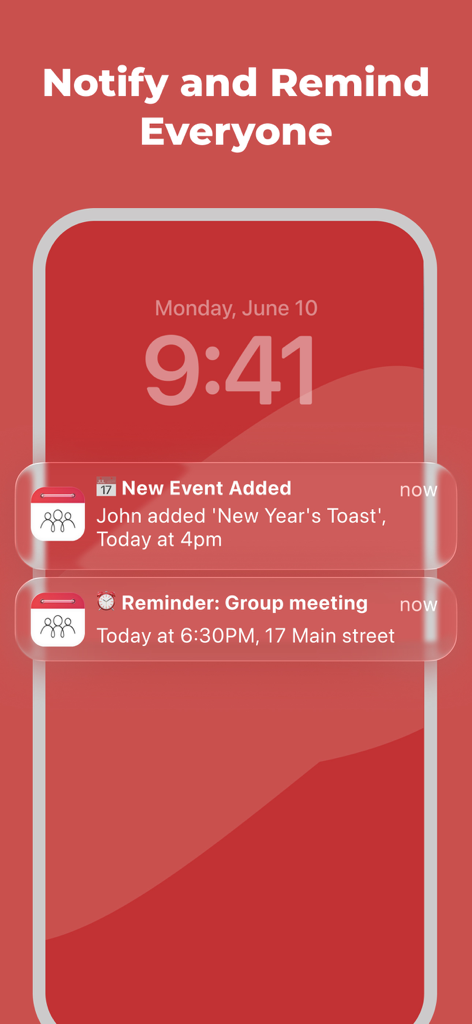 Sperrbildschirm eines Smartphones mit GroupCal-Benachrichtigungen für gemeinsame Kalender für neue Ereignisse und Gruppenerinnerungen