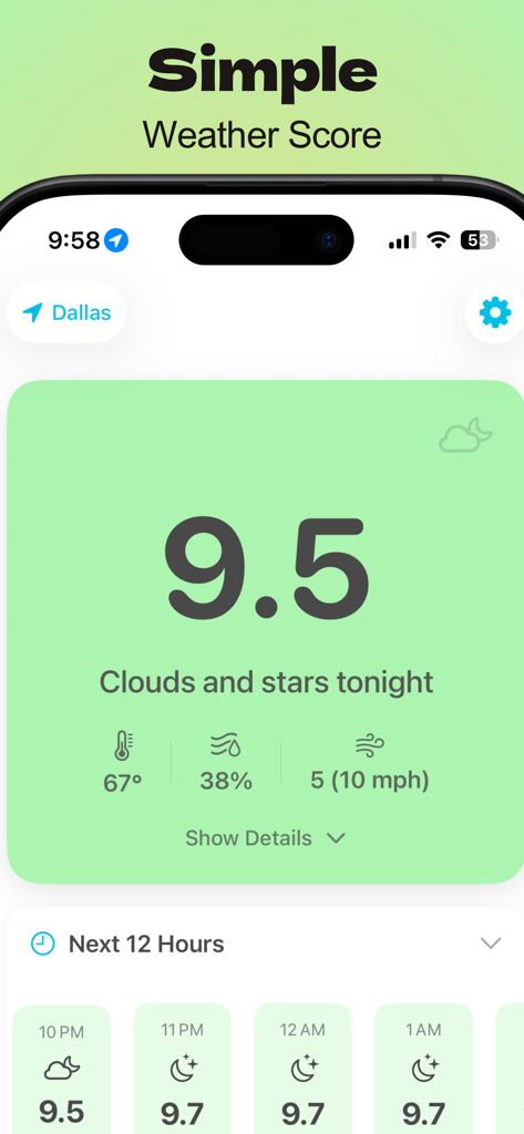 WxNmbr app dashboard showing a simplified weather score of 9.5