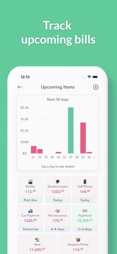 Weekly: Budget Planner App - A mobile screenshot of the Weekly budget app showing an upcoming bills dashboard with a spending forecast chart and transaction cards.